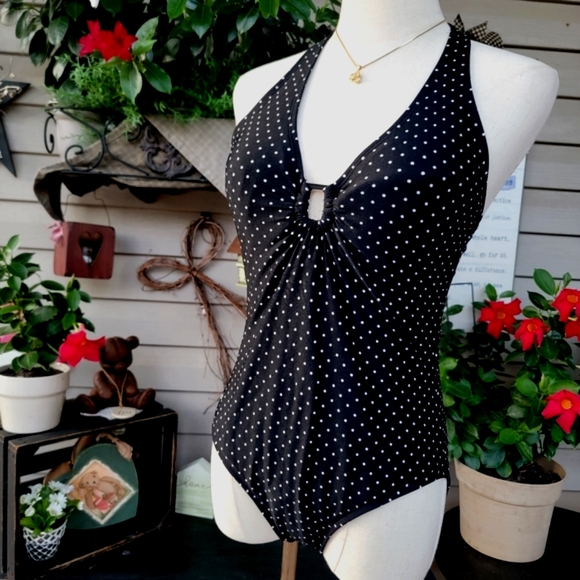 SPEEDO ♡ Sweet 1pc Black 'n White Polka Dot Low V Padded Bralette Swimsuit 10 - Picture 12 of 16